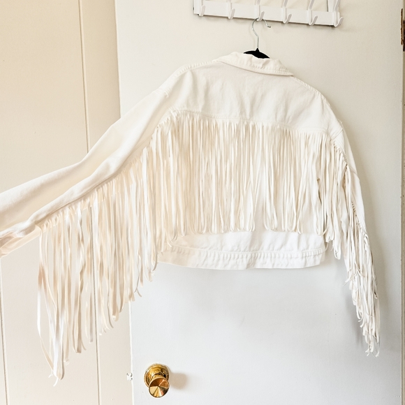 Faux Leather Fringe White Denim Oversized Cropped Boho Summer Festival Jacket - Picture 7 of 16